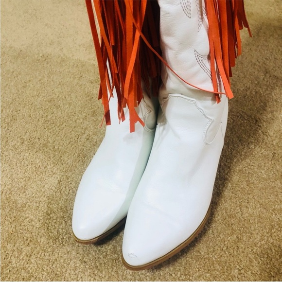 White and Orange TN Fringe Cowboy Boots - Picture 4 of 7